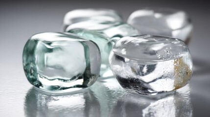 Close-up of melting ice cubes on reflective surface for freshness, beverage, temperature or frozen product branding photography