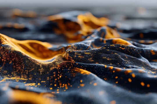A close-up of a digital terrain made of dark mesh with glowing orange pixel-like nodes creating a futuristic landscape effect.