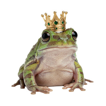 Funny frog prince from fairytale wearing gold crown, cute fairytale character.
