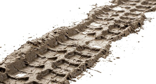 Muddy tire track distinct tread pattern against stark white