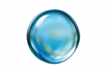 Blue water drop or bubble with reflecting light, symbolizing purity, freshness, nature or liquid splash, transparent background