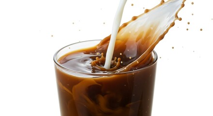 Milk is poured into a clear glass containing coffee causing a splash