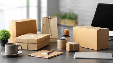 Office desk with eco packaging boxes and takeaway coffee for business branding or startup commerce design visuals
