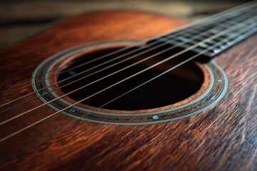 Fototapeta premium Close-up of Acoustic Guitar Soundhole and Strings Detail