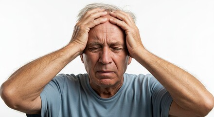 Older man with closed eyes hands on head likely experiencing discomfort White background