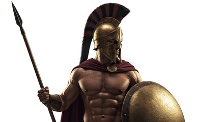 Muscular Spartan warrior with helmet spear  shield stands ready cape draped over shoulders