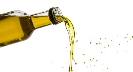 Olive oil pouring from a glass bottle with droplets on a white background
