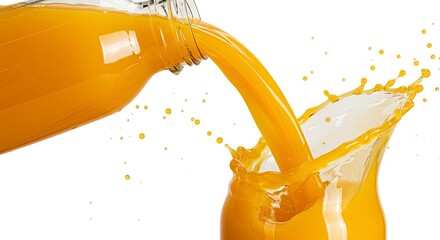 Orange juice pours from a glass bottle into a glass creating a splash