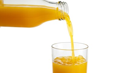 Orange juice pours from a glass bottle into a glass filling it