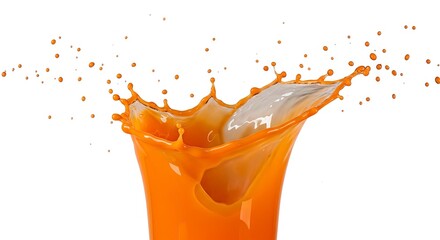 Orange liquid splashes up and out in a dynamic burst against a white background with droplets scattered in the air