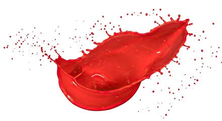 Red paint splashing suspended midair creating dynamic droplets  fluid shapes against a clear white background