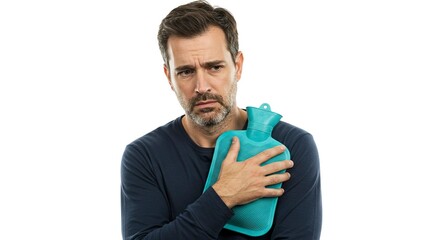 Sad man hugs turquoise hot water bottle against white background
