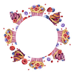 Berry cupcakes, muffin with mousse topping, raspberry and blueberry swirl, dragee candy icing. in soft watercolor tones. Hand painted isolated wreath illustration. Card frame, patisserie label design