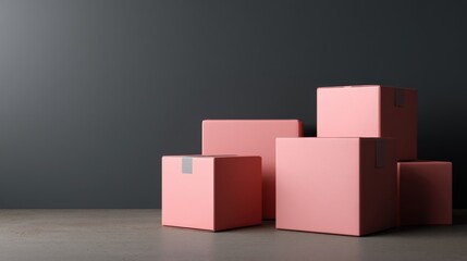 Obraz premium Pink cardboard delivery boxes on dark background for shipping branding, ecommerce logistics or minimal packaging visuals