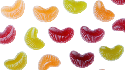 Top view of sour gummy candy lips and mustache shapes scattered isolated