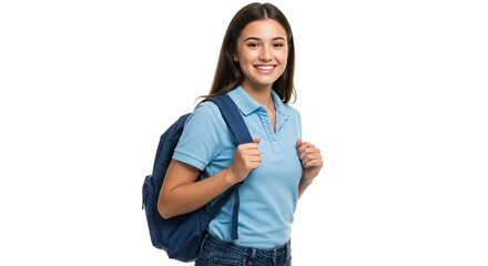 Smiling girl in polo shirt and backpack stands against a white background