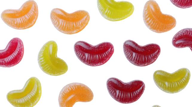 Top view of sour gummy candy lips and mustache shapes scattered isolated