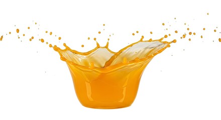 Splash of orange liquid with droplets against a white background