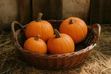 pumpkins in wicker basket concept of local harvest and organic farm branding