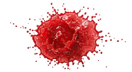 Splash of red liquid resembling juice or blood against a white background with droplets scattered around the main splash