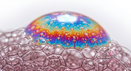 Soap bubbles cluster one with vibrant rainbow iridescence against a bright background