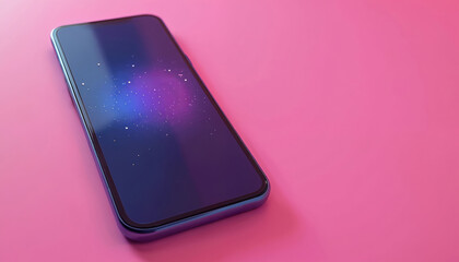 Smartphone with space wallpaper isolated on pink. Modern mobile cellular tech device. Communication tool with galaxy screen saver background. Copy space. Cellphone business mockup concept. Digital