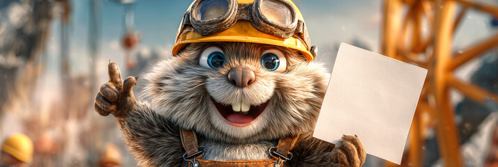 A cute smiling cartoon character of a beaver construction worker wearing a yellow and orange construction safety helmet holding a blank sign with copy space at a construction site. Generative Ai.