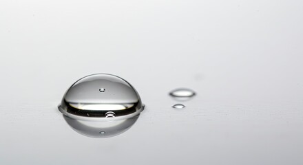 Water droplets on a reflective surface with one large drop and two smaller ones visible