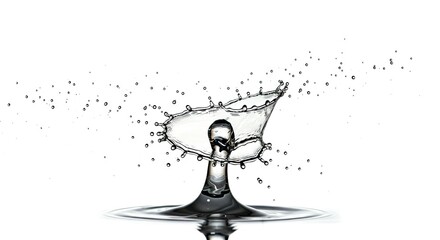 Water droplet collision creating a crownlike splash and smaller droplets against a white background