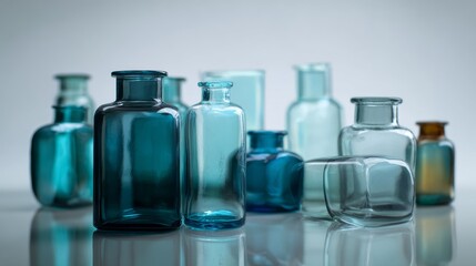 Collection of glass jars and bottles displayed on neutral background pharmacy healthcare scene