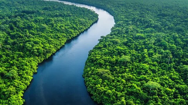 Aerial View of Winding River Through Lush Green Amazon Rainforest Canopy.