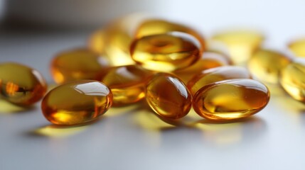 Golden omega capsules displayed closeup on light background healthcare supplement composition