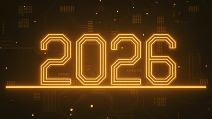 Retro-futuristic New Year 2026 artwork with amber neon circuit digits, golden base glow, and vintage microchip backdrop