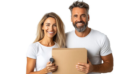 Cheerful Couple with Box and Key on Transparent Background