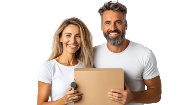 Cheerful Couple with Box and Key on Transparent Background