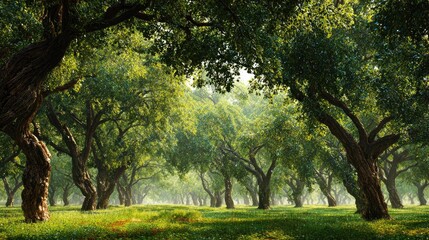 Fototapeta premium Dewy Morning Camphor tree field panorama