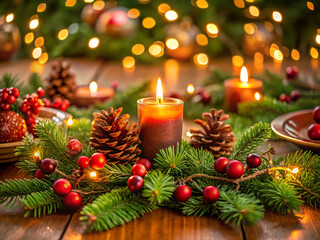 Warm christmas centerpiece with lit candles, pine cones, berries, and festive lights on a wooden table