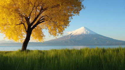 Majestic golden tree with snow-capped volcano in pristine daylight