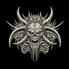 Aggressive Horned Demon Skull Emblem in Detailed Black and White Engraving Style