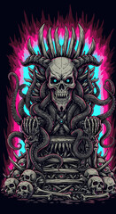 Macabre Skull King on Bone Throne with Glowing Tentacles and Neon Flames