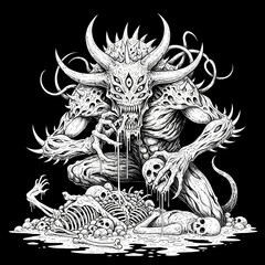 Fearsome Multi Eyed Demon Monster Devouring a Skeleton in Black and White Horror Art