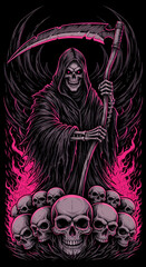 Dark Grim Reaper with Scythe Standing Over Pile of Skulls Pink Neon Horror Art