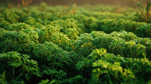 Dewy Morning Celery seed field panorama