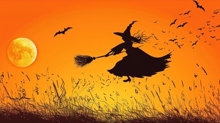 Enchanting High-Resolution Witch Broom Halloween Background – Ideal for Halloween Party Invitations, Social Media Covers, Decor Posters & Greeting Cards. Features a Stylish Witch Broom Adorned with 