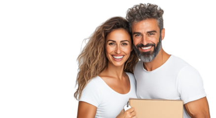Happy Couple Holding Box on Transparent Background