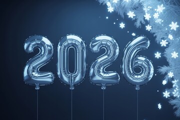 Silver foil balloons spelling out the year 2026, illuminated against a dark blue background with glowing white snowflakes and a frosted branch.
