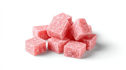 Pink candy cubes displayed closeup against neutral background sweet product composition design