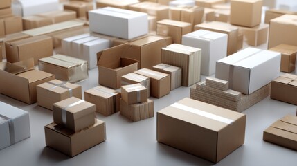 Fototapeta premium Wooden boxes stacked together displayed on neutral background industrial packaging composition design