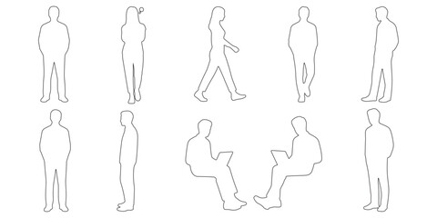 CAD Drawings. Outline Set people isolated on white background. Walking, standing, talking etc. Vector illustration.