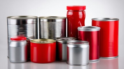 Metal cans displayed together on neutral background industrial packaging composition